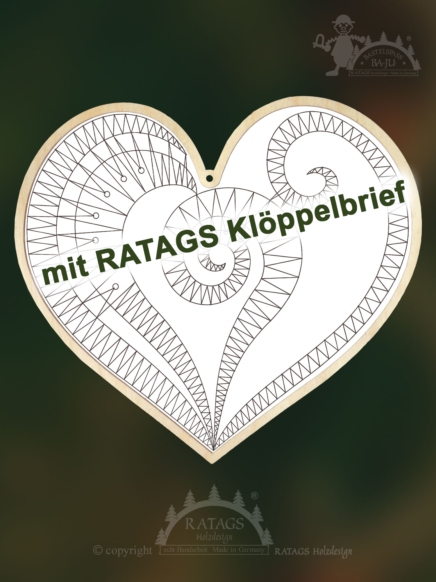 Klöppelrahmen, Herz zum Hängen mit RATAGS Klöppelbrief