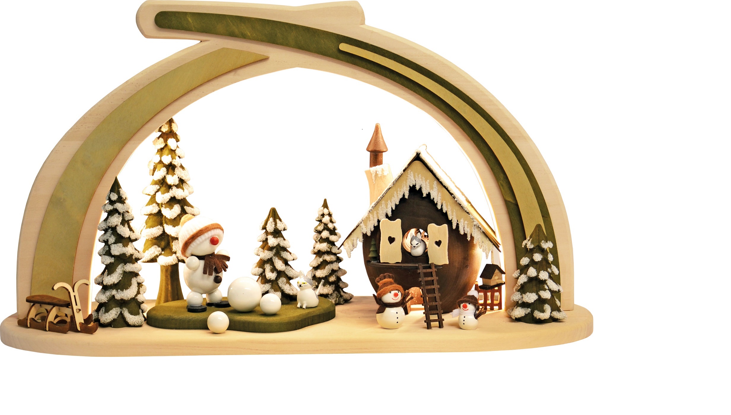 Solid wood arches, snowmen, white LED lighting