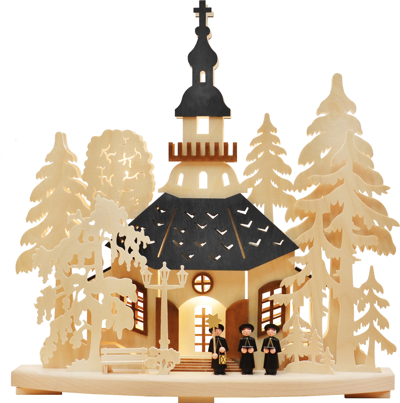 Small candle arch, church service in Seiffen, coloured roofs