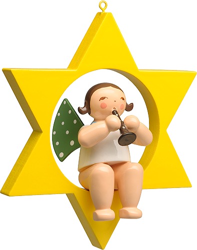 Engel mit Klarinette, im Stern dunkles Haar