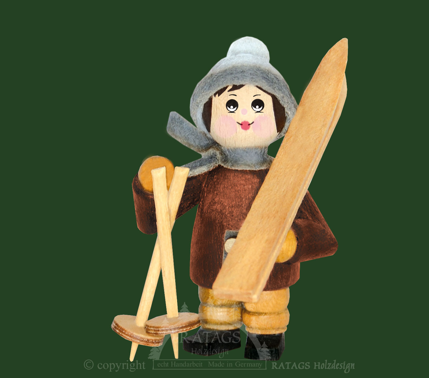 Figur, Skiträger, taubenblau, mahagoni Figur, Skiträger, taubenblau, mahagoni