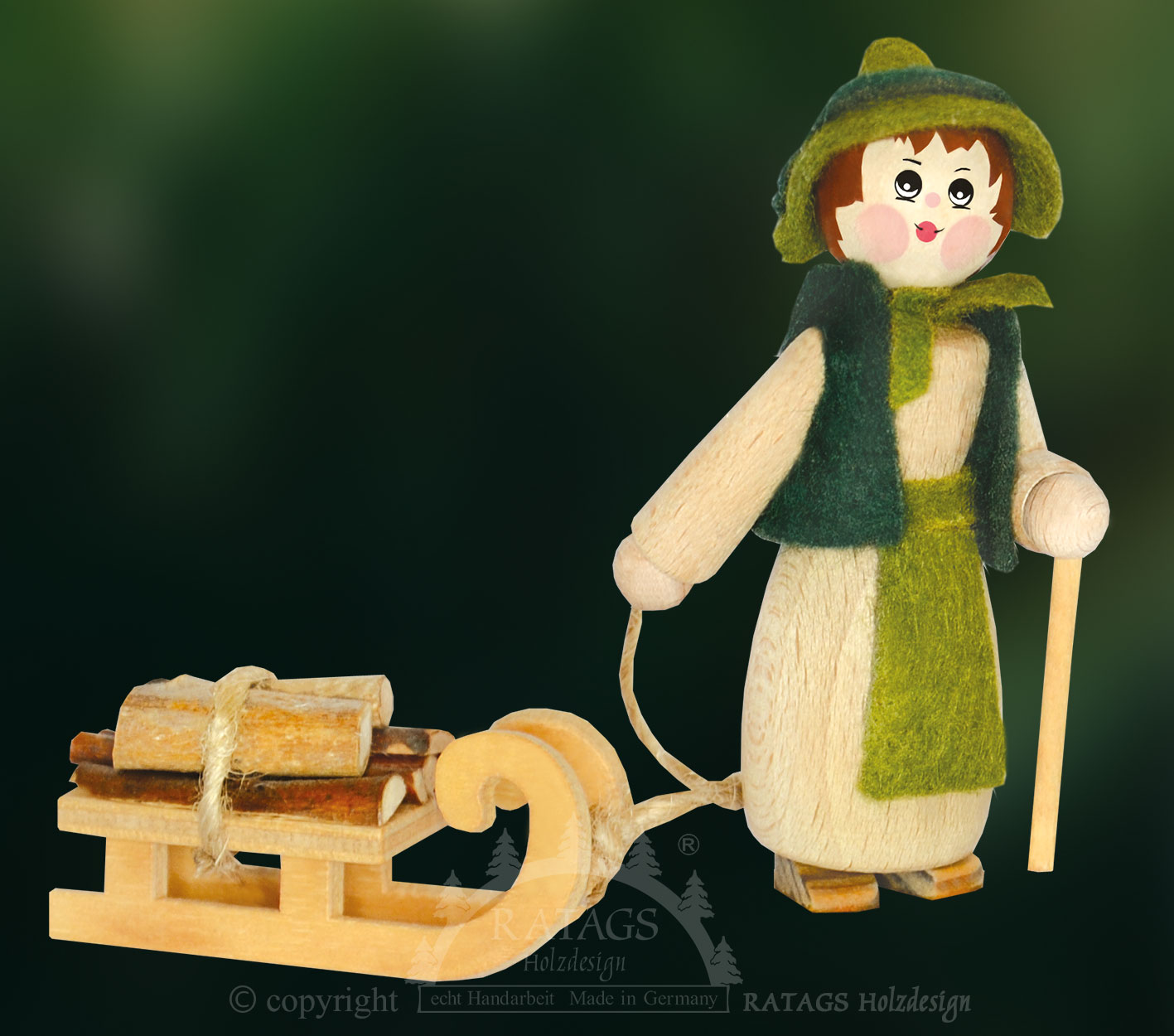 Figur, Holzsammlerin mit Schlitten, Stock, Hut