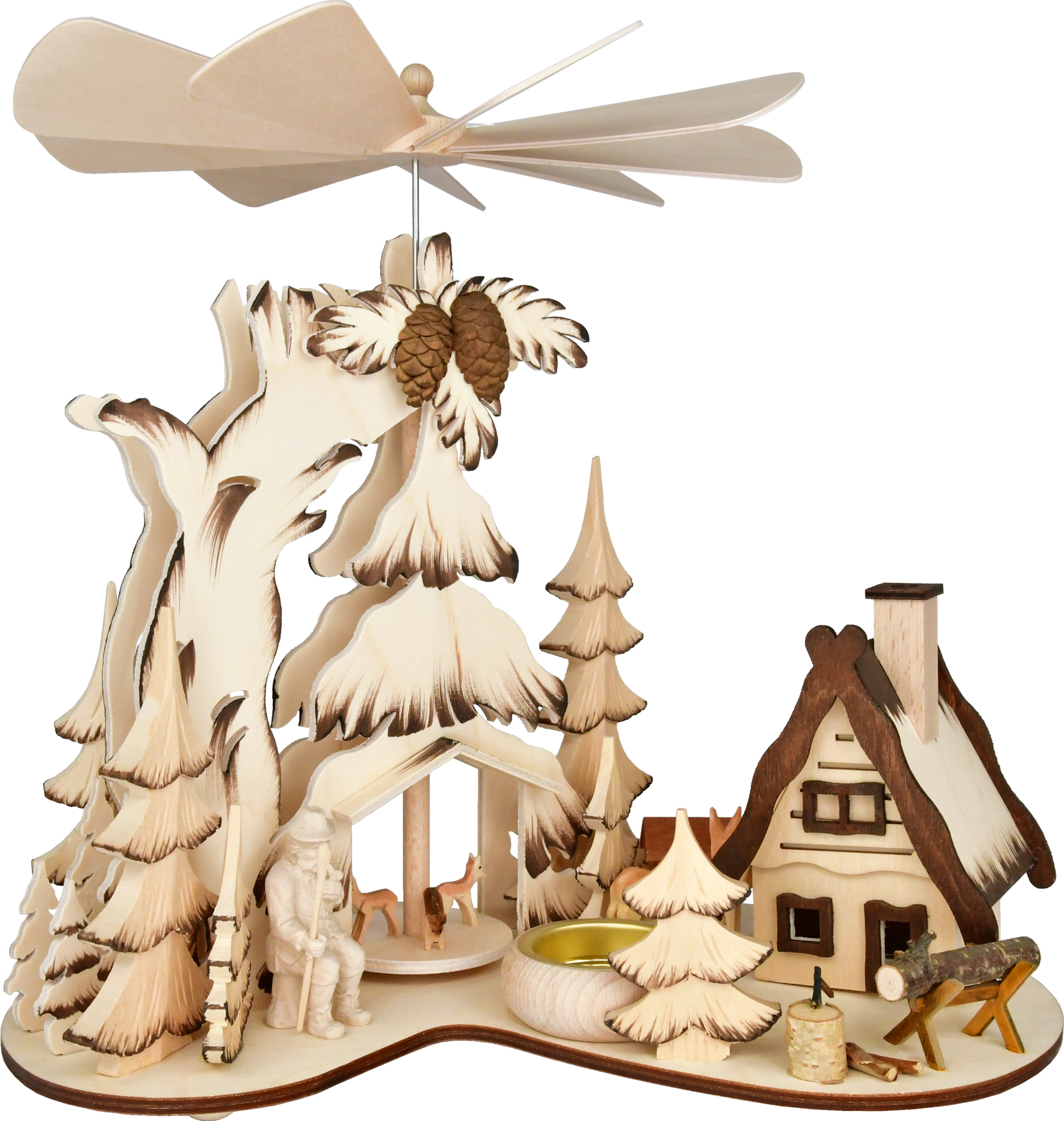 Fir tree pyramid, forest man and deer, with incense house, hand-painted, brown