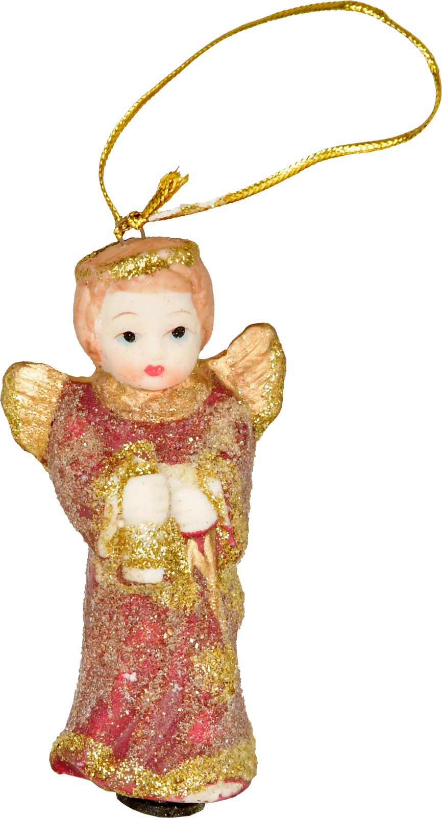 Keramikengel, mini, mit Trompete, zum Hängen o. Stecken, Weinrot/Gold, Glitter