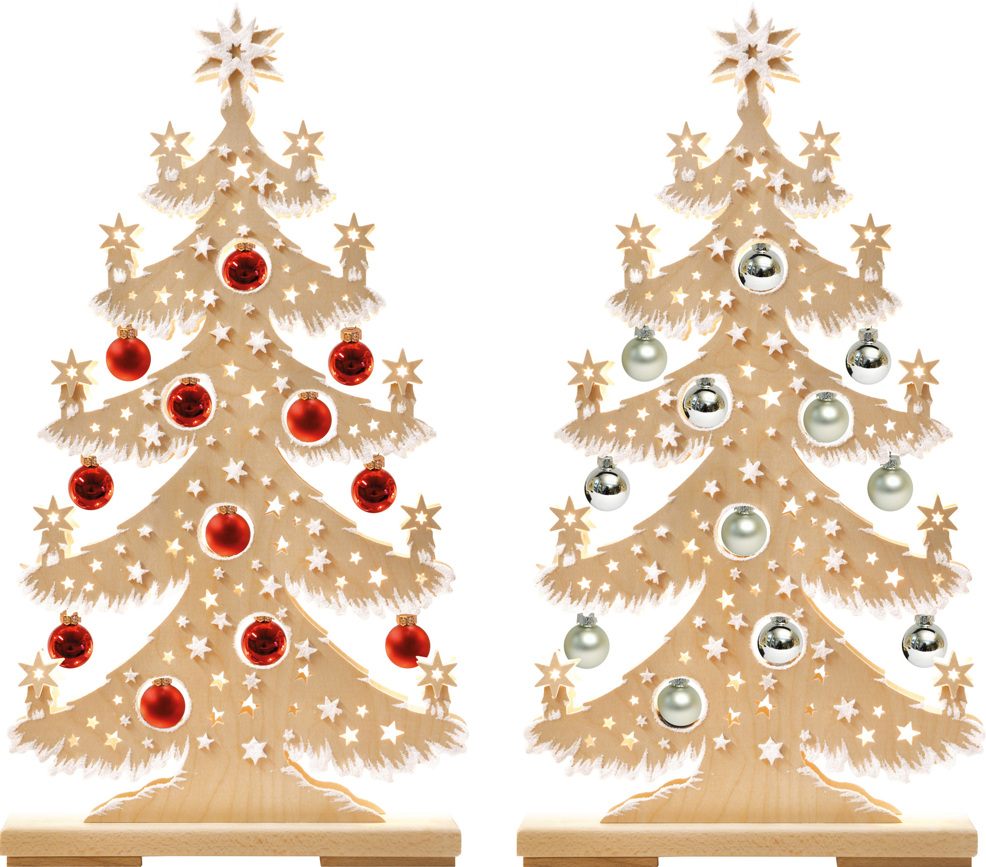 Medium-sized fir tree, set of 2 baubles, red+silver, hoarfrost