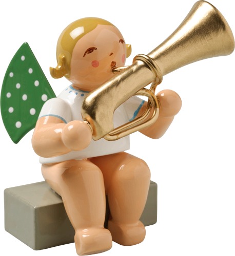 Engel mit Basstrompete, sitzend blondes Haar