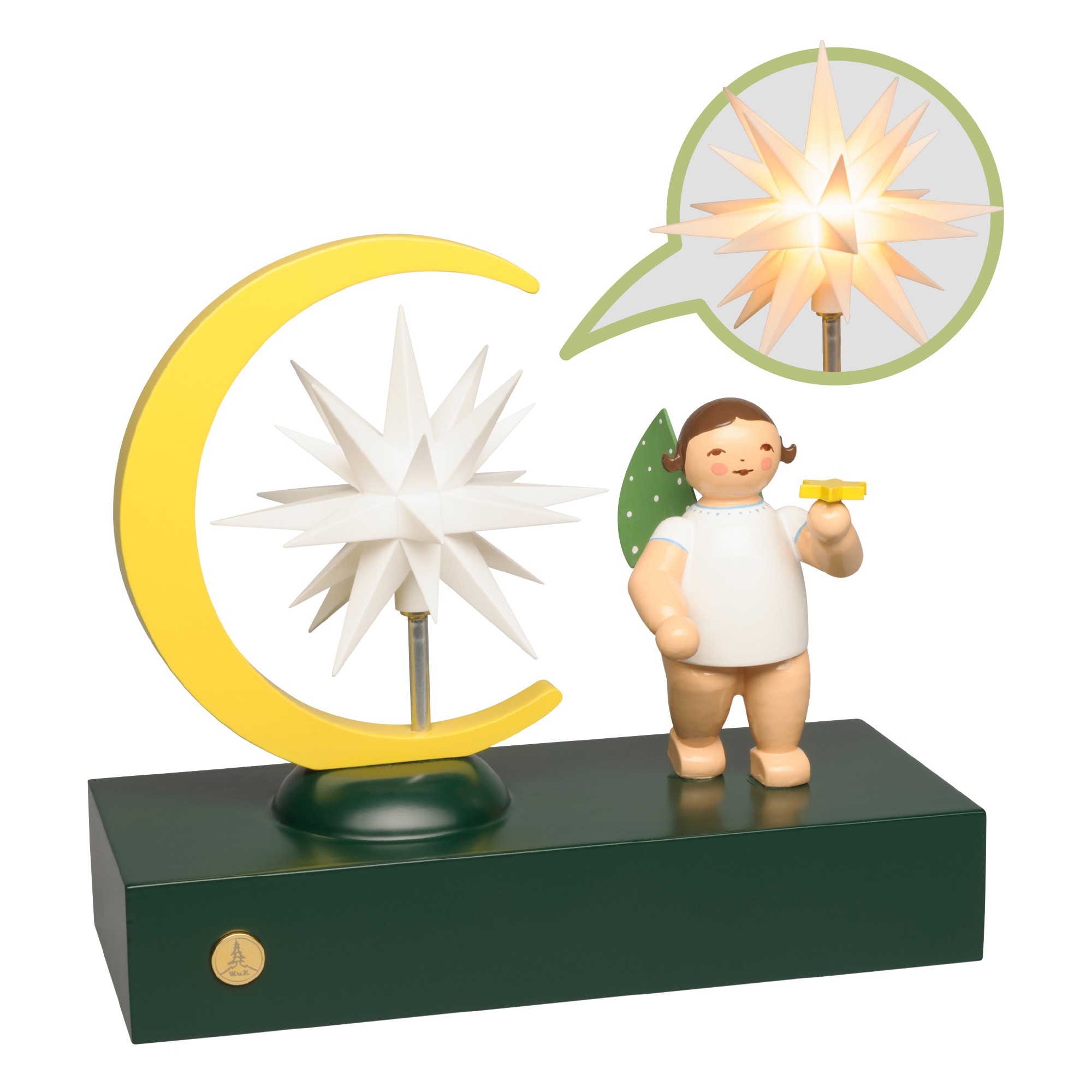 Engel mit Mondsichel und Stern elektrisch beleuchtet