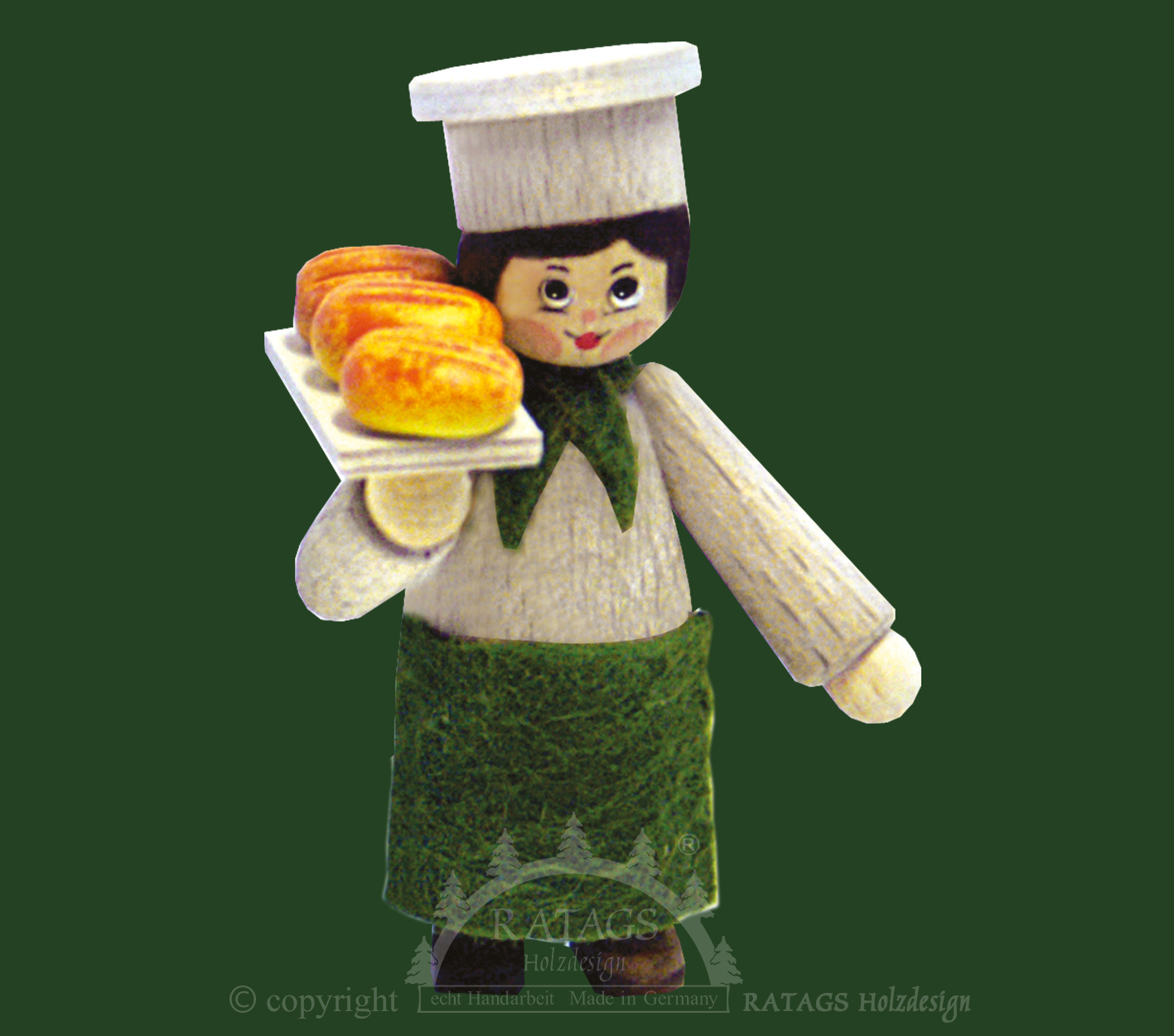 Figura, panadero con pan en tabla, teñida de blanco.