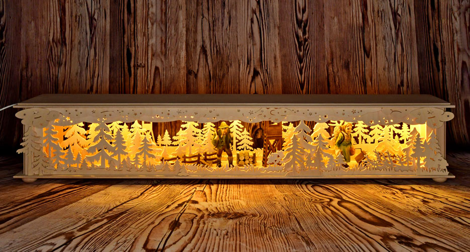 Large room light, raised hide, carved forest people