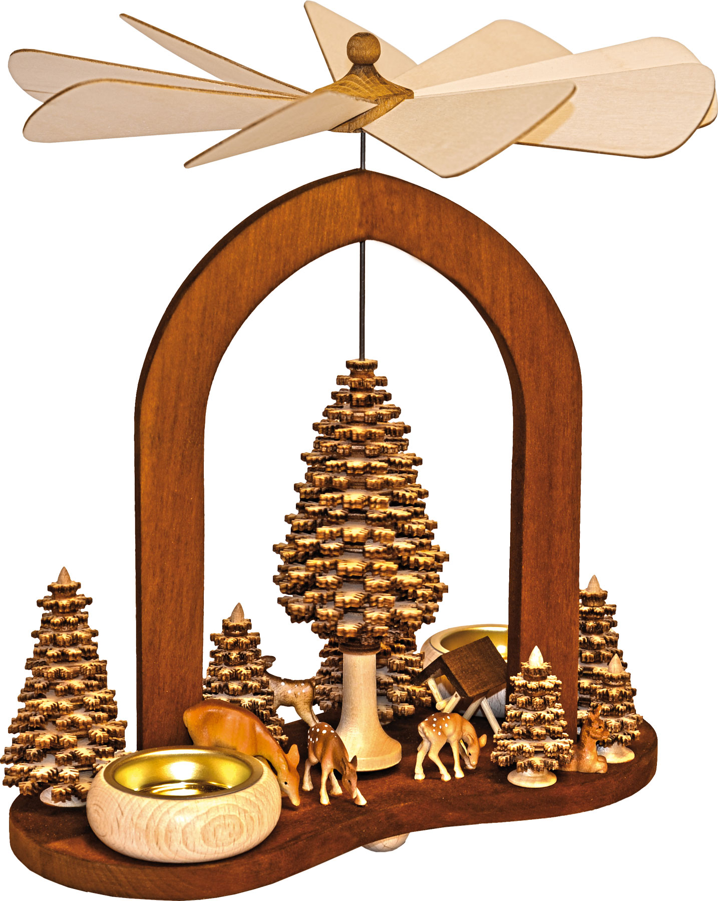 Arched pyramid, forest idyll carved deer, brown, layered trees