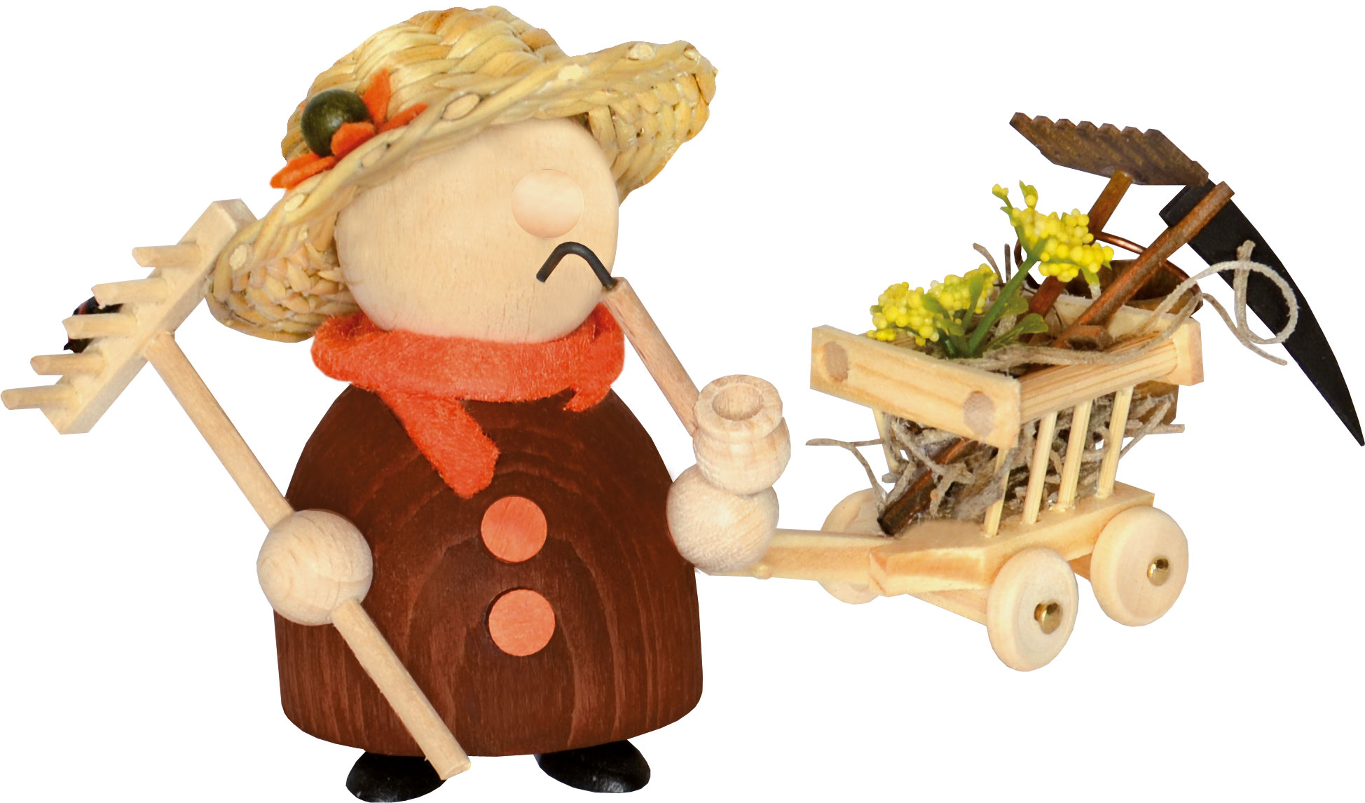 Molli Gärtner mit Handwagen, Rechen, Sen