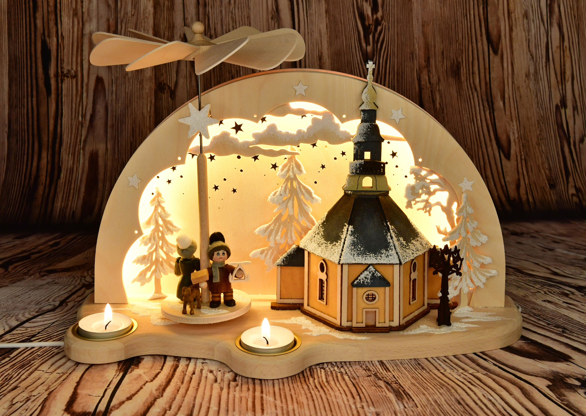 Schwibbogen-Pyramide, Bergkirche Seiffen Raureif, LED-Beleuchtung Schwibbogen-Pyramide, Bergkirche Seiffen Raureif, LED-Beleuchtung