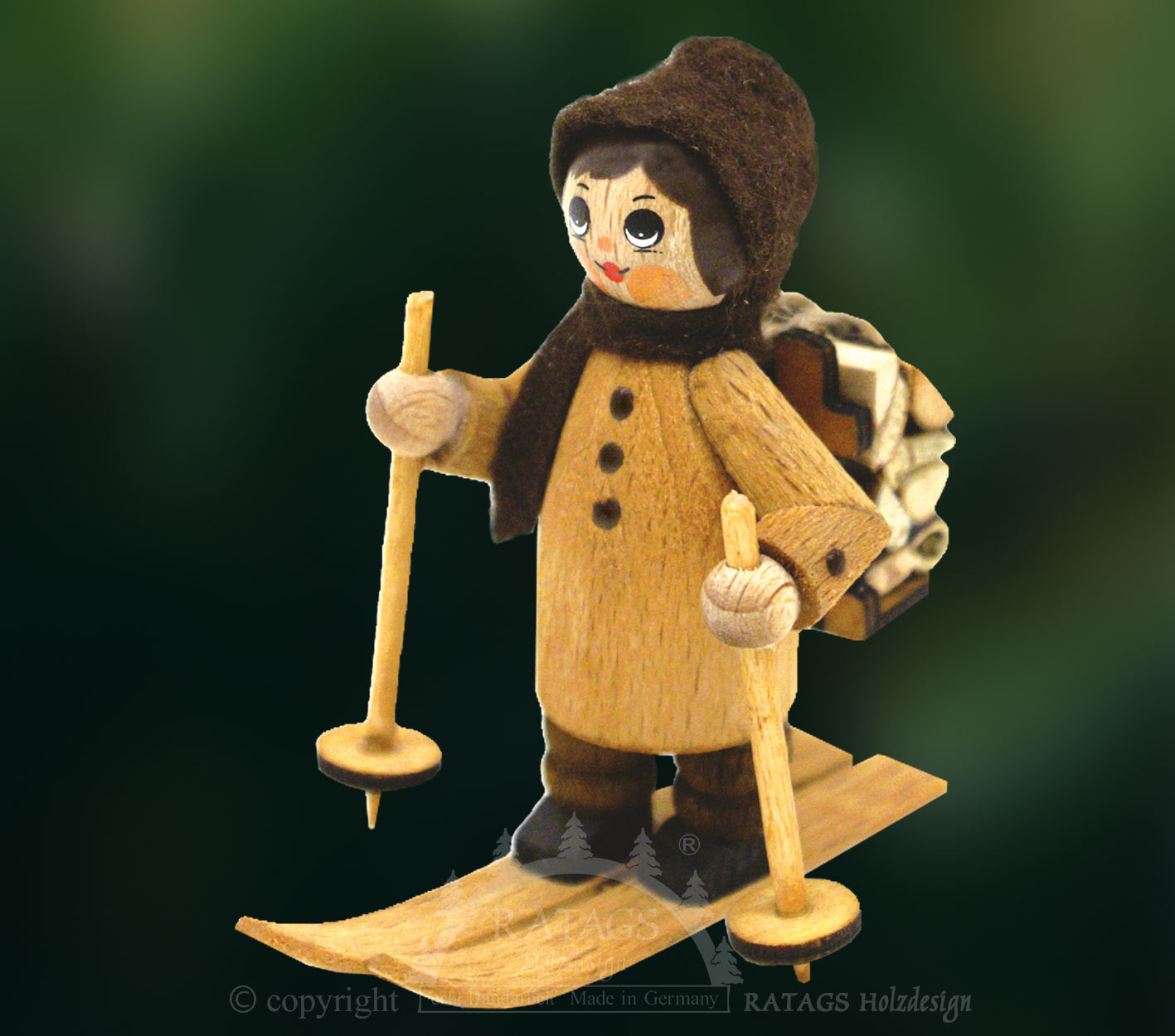 Figure, winter wood man, skis and wooden basket, natural