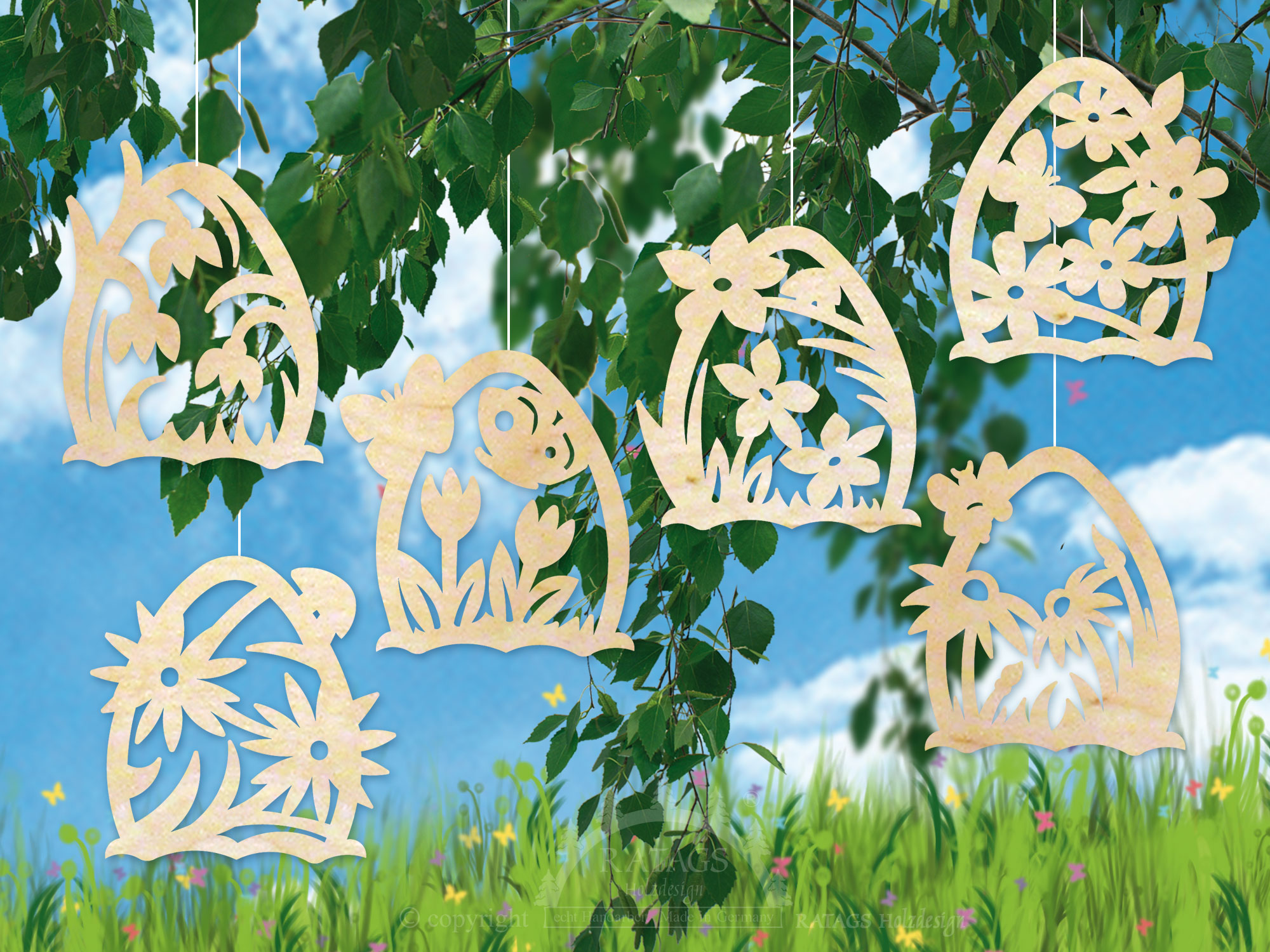 Tree decorations, set of 6, flowers