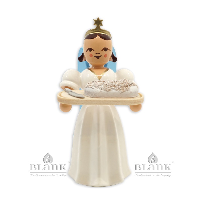 Long-skirted angel with stollen, coloured, H 7 cm