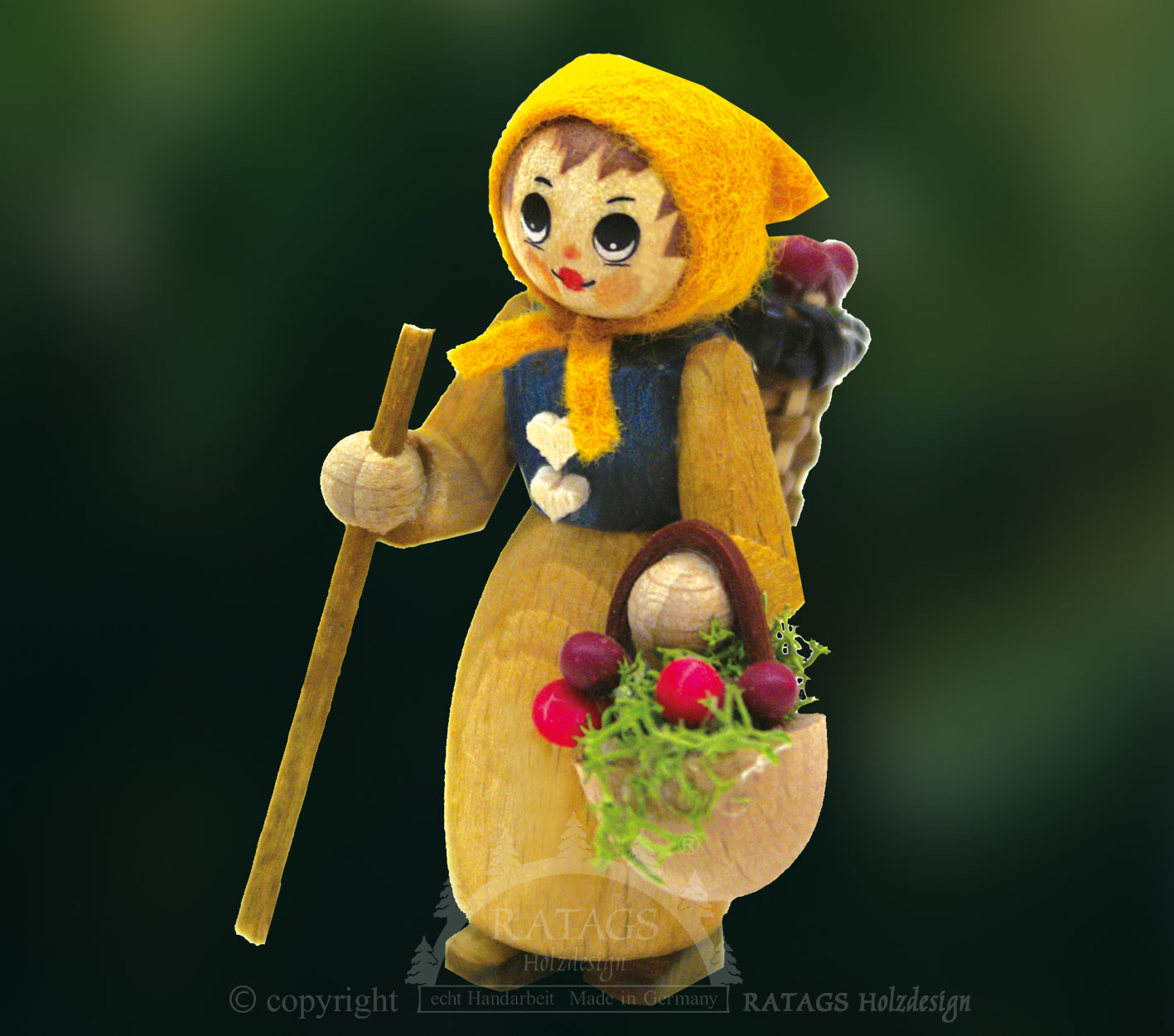 Figure, berry picker, basket and hand basket