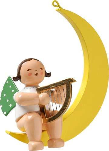 Engel mit Harfe, im Mond, dunkles Haar