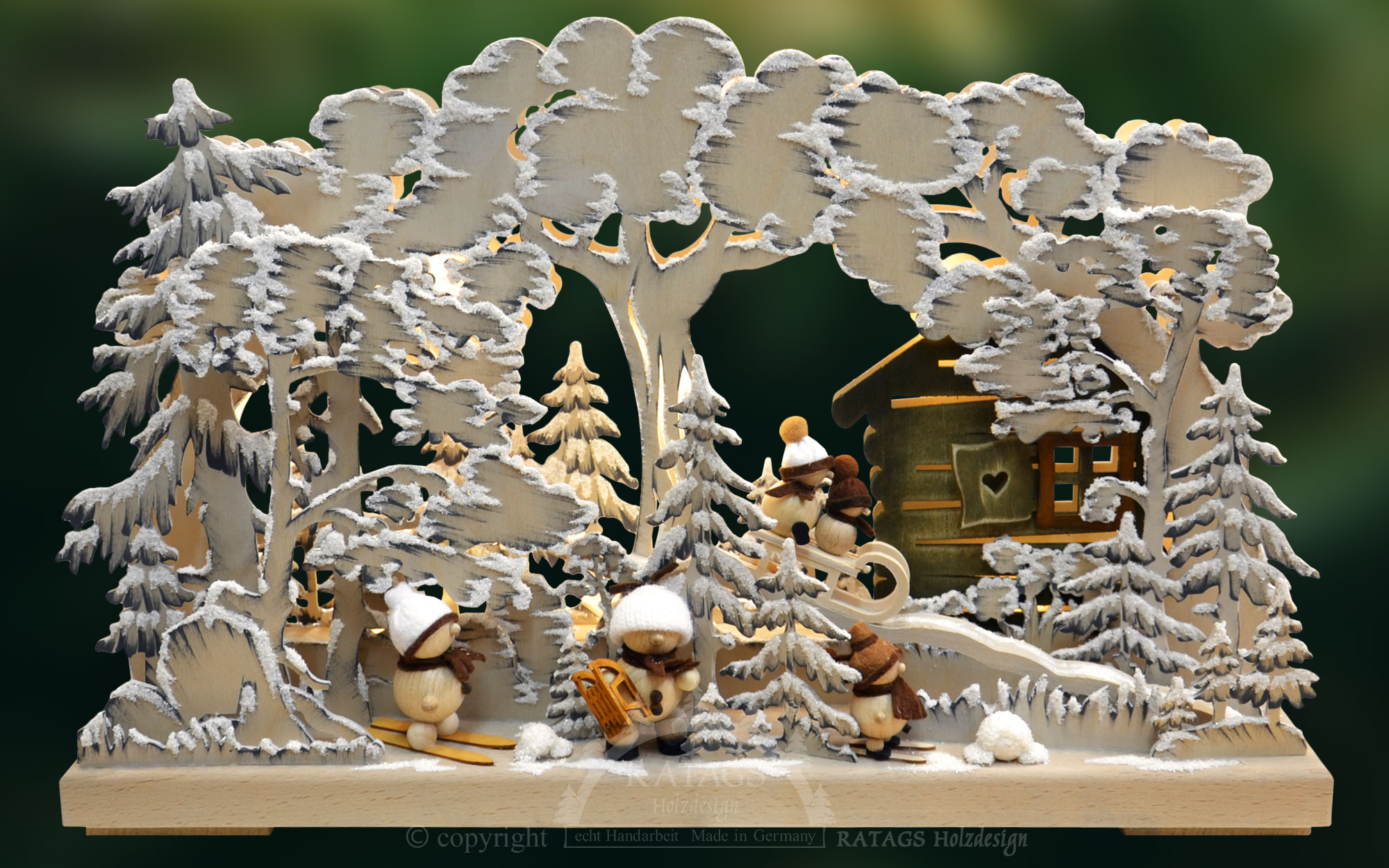 3D-Schwibbogen kl., Freuden im Schnee, grau gebeizt,handbemalt grau, Raureif