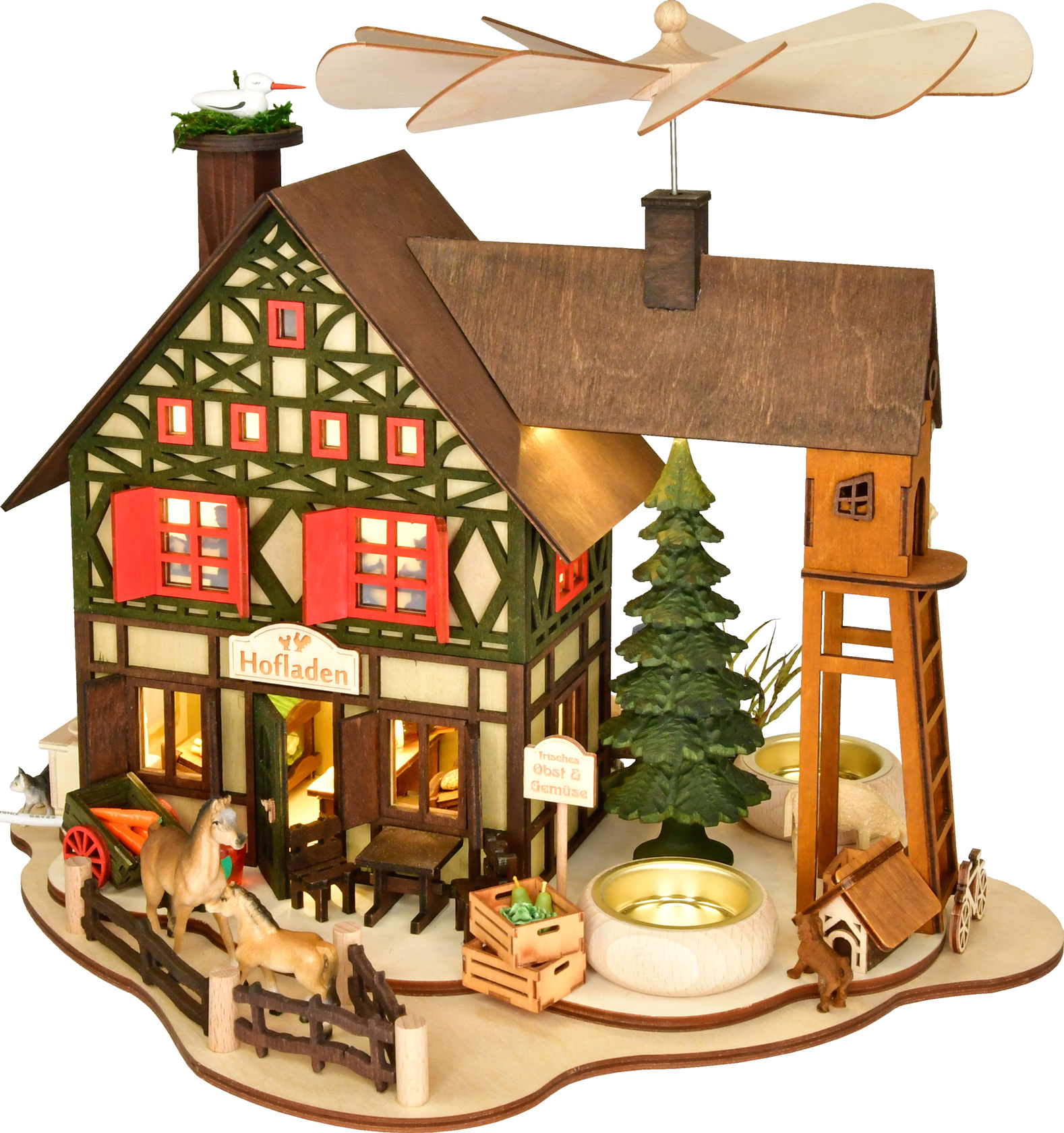 Half-timbered house pyramid, farm shop with LED lighting, half USB