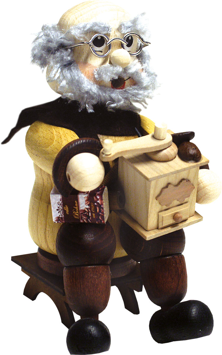 Kantenhocker, Kaffeefreund auf Holzhocker