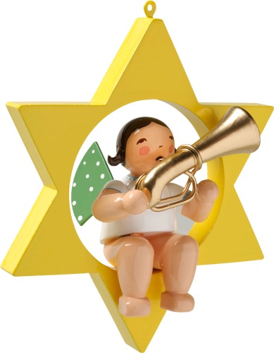 Engel mit Basstrompete, im Stern dunkles Haar