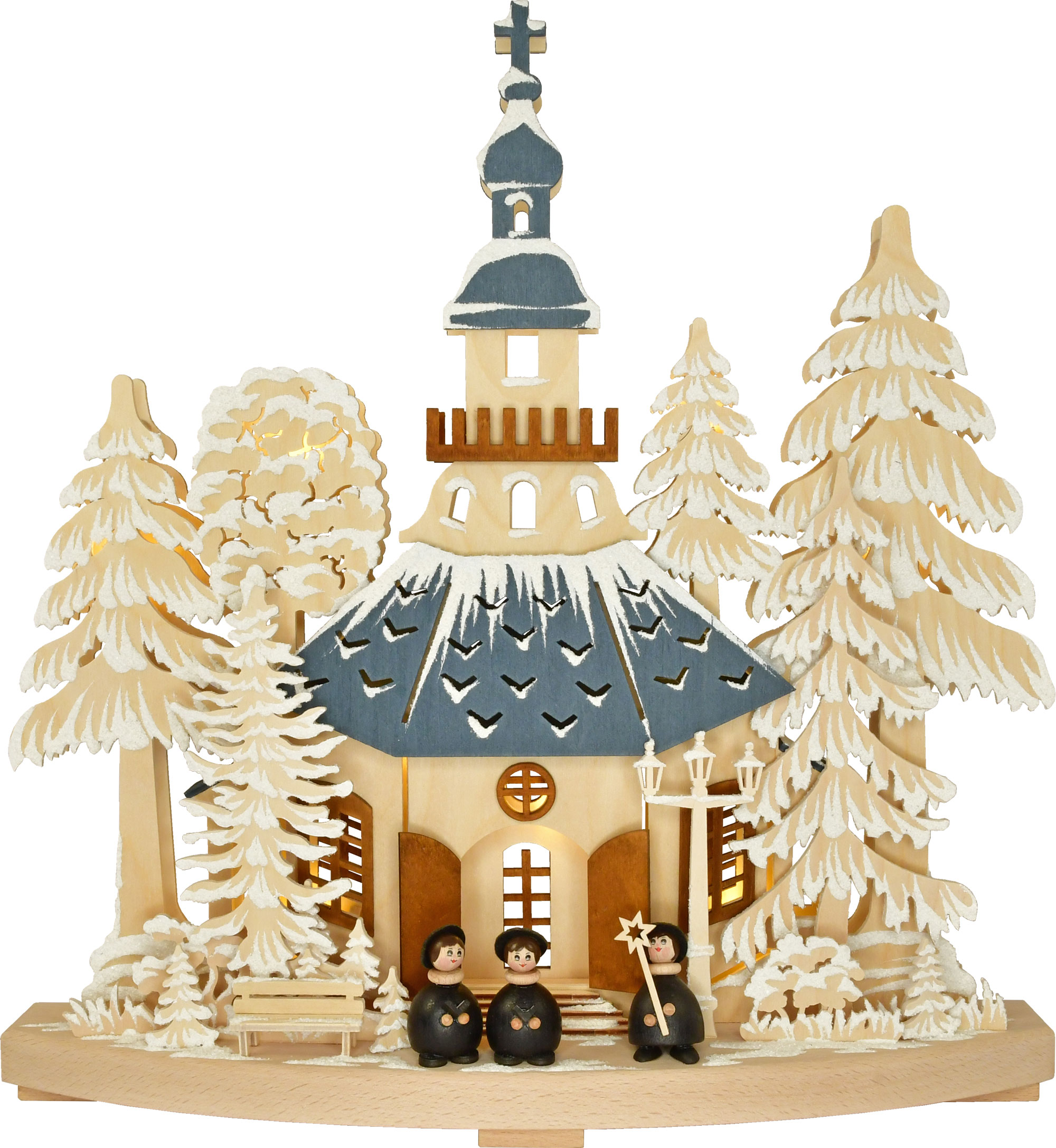 Small candle arch, church service in Seiffen, coloured roofs, hoarfrost