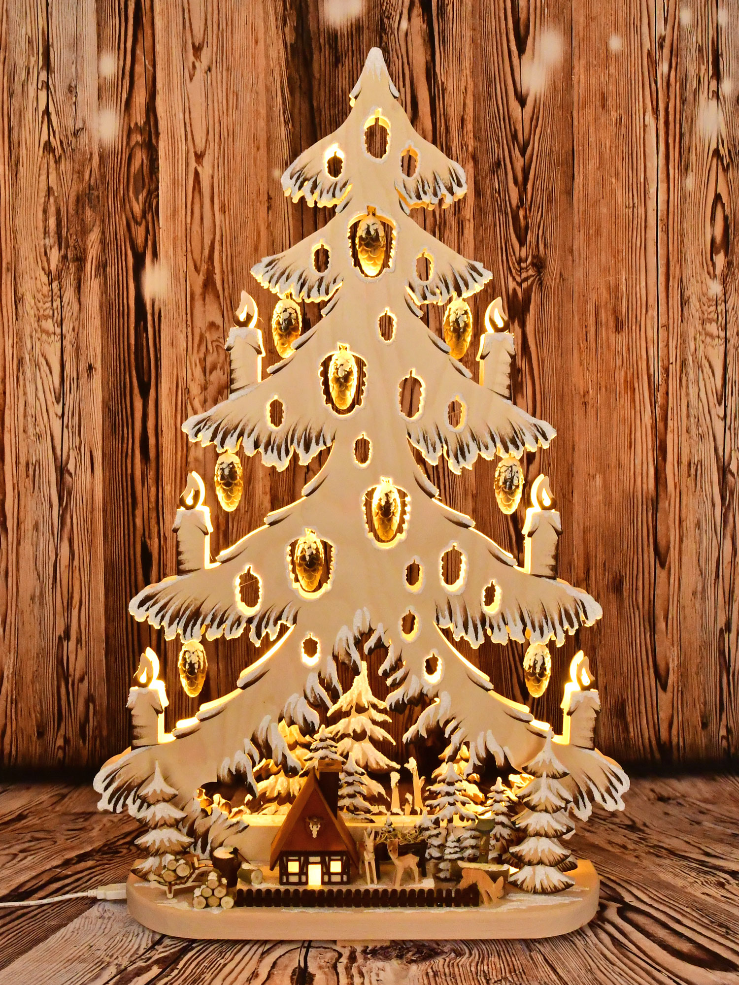 Large fir tree, game reserve, hoarfrost, carved cones, hand-painted brown