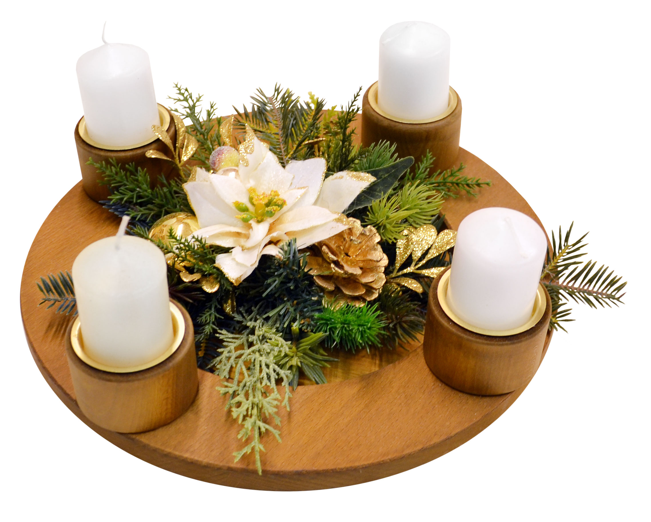 Massivholz-Adventsleuchter, ocker, 4 Kerzenhalter, Weihnachtsstern