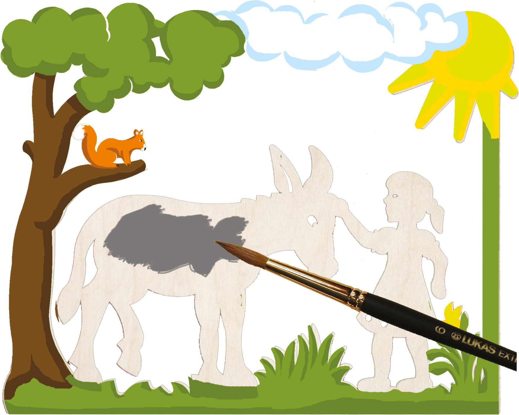 Window picture, donkey with child