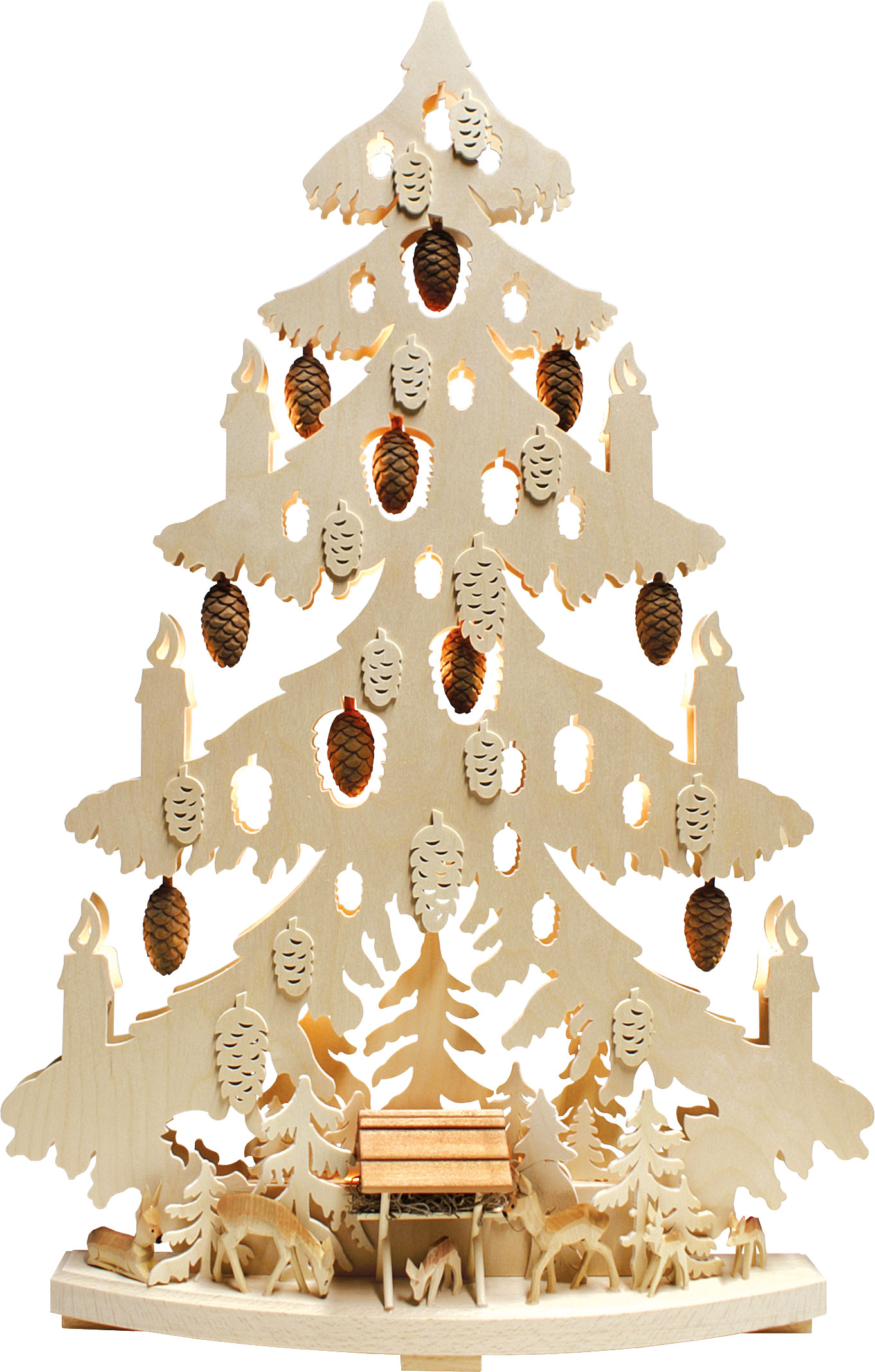 Large fir tree, feeding station, carved deer, carved cones