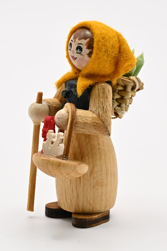 Figur, Frau Erzgebirgshändlerin gelb/blau, H 5,5 cm