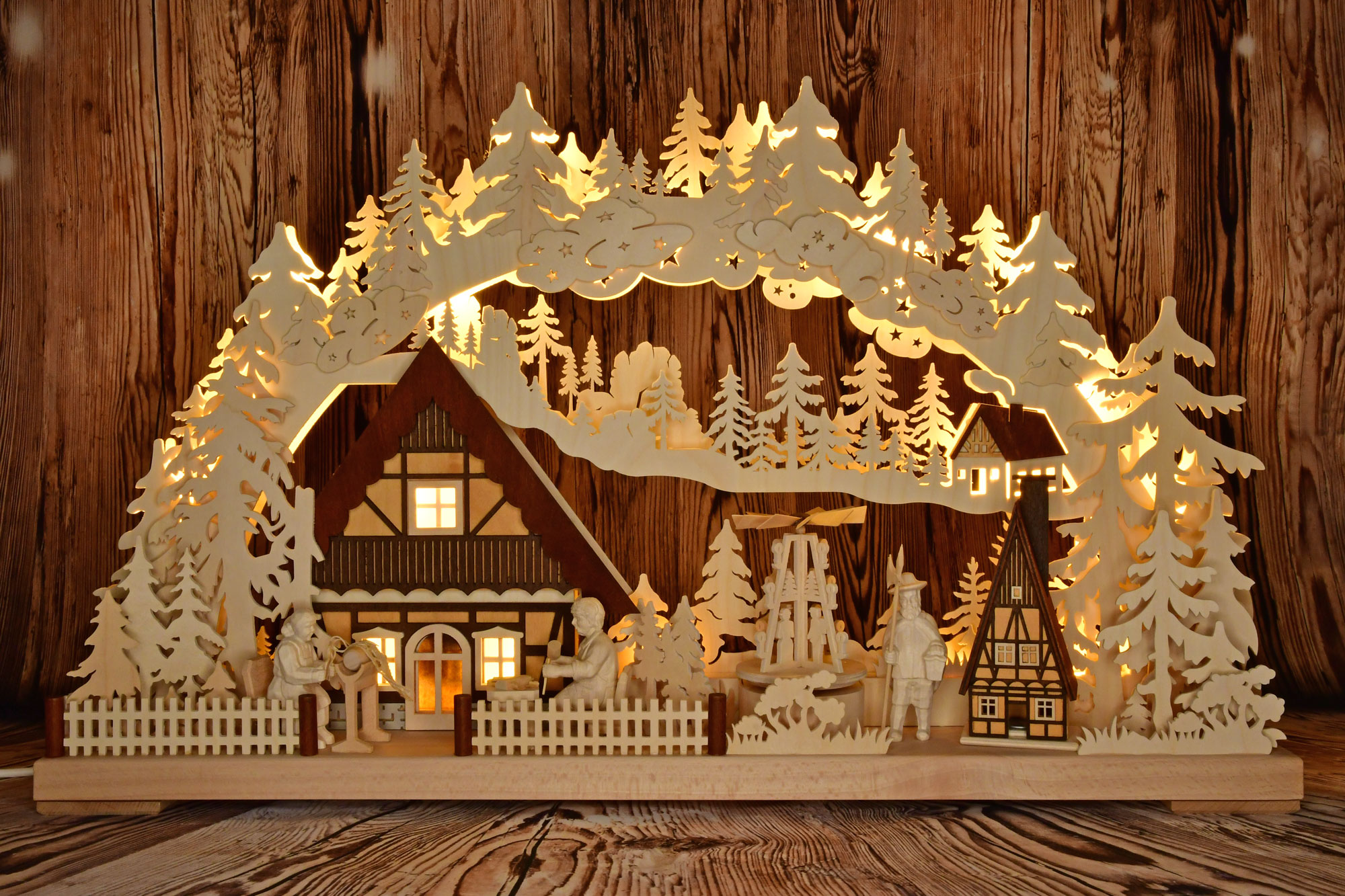 3D-Schwibbogen groß, Tradition Handwerk, mit Pyramide, Spielwerk, Räucherhaus