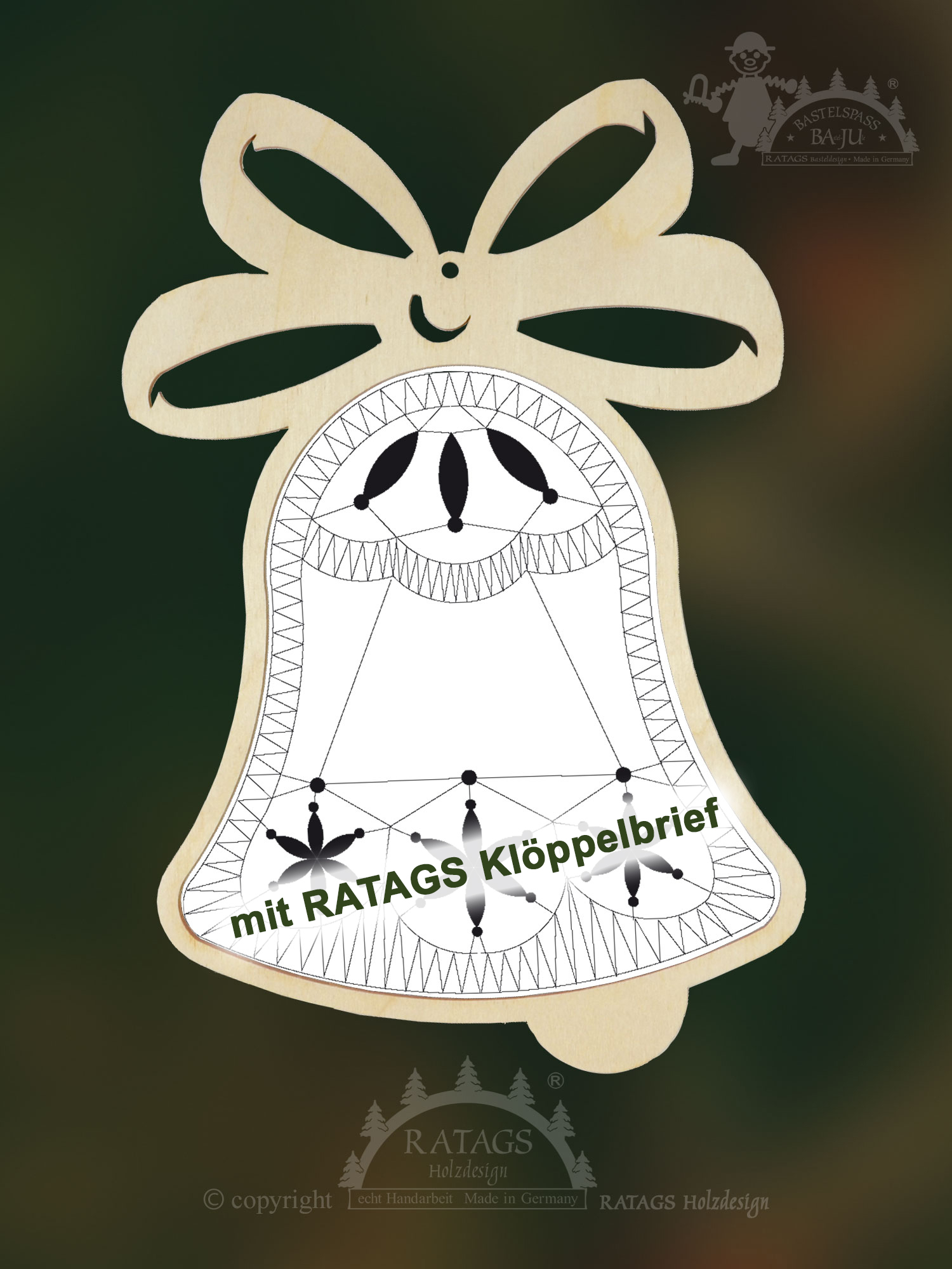 Klöppelrahmen, Glocke zum Hängen mit RATAGS Klöppelbrief
