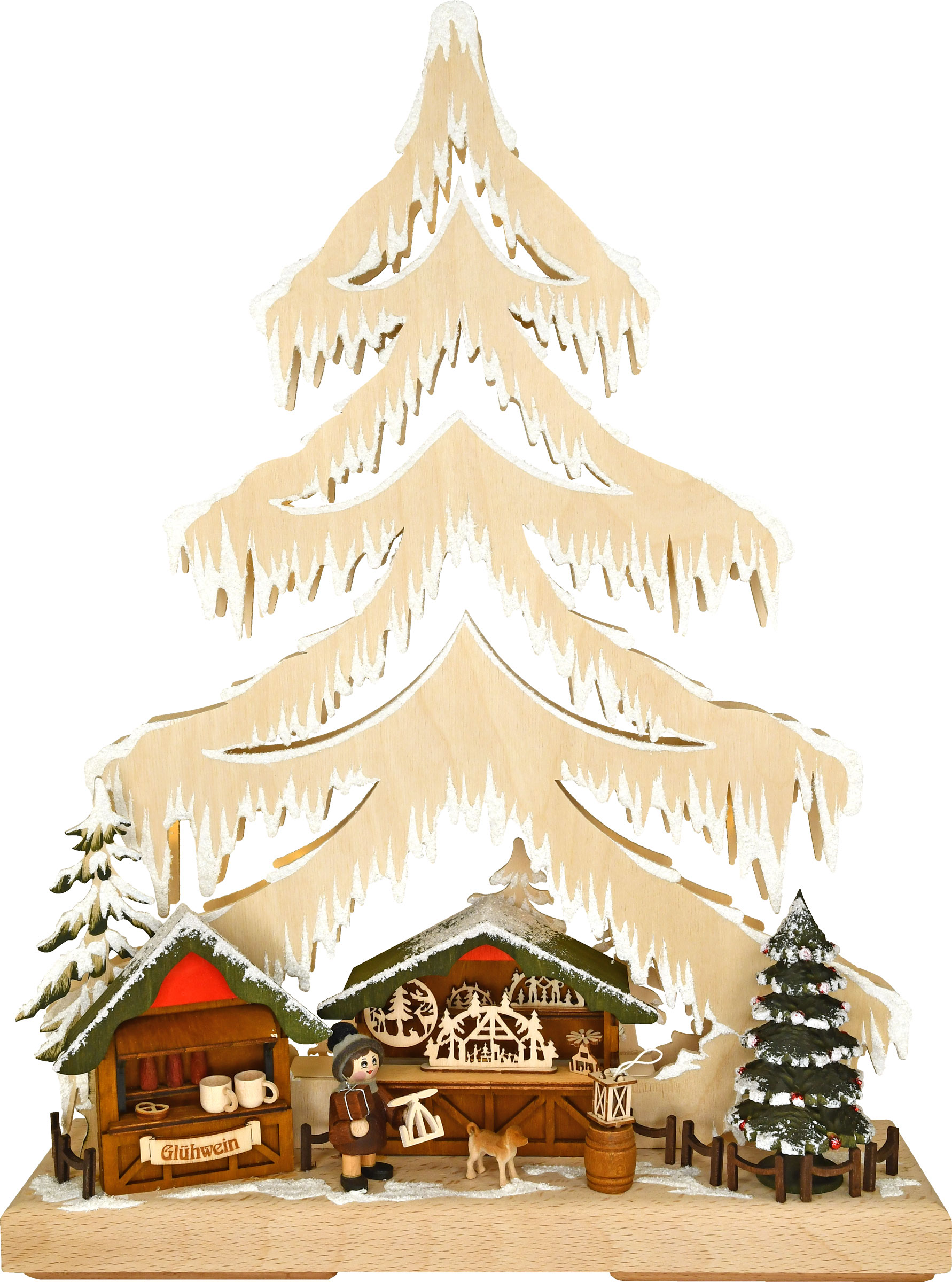 Small fir tree, Christmas market stalls, figure with dog