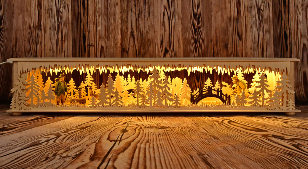 Room light, large, bridge, forest, deer, carved figures