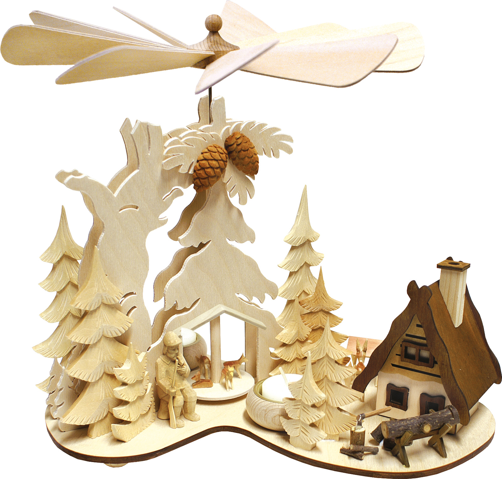 Tannenpyramide, geschnitzter Jäger, Räucherhaus