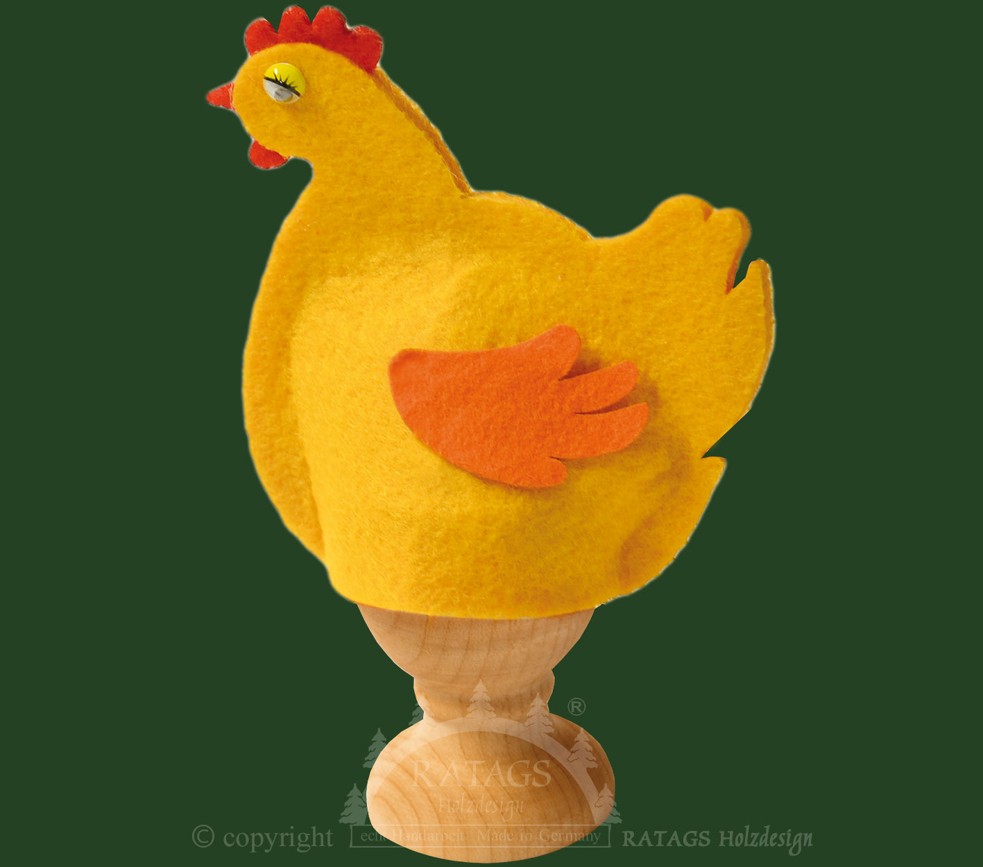 Hen egg cosy for crafting, material F with googly eyes