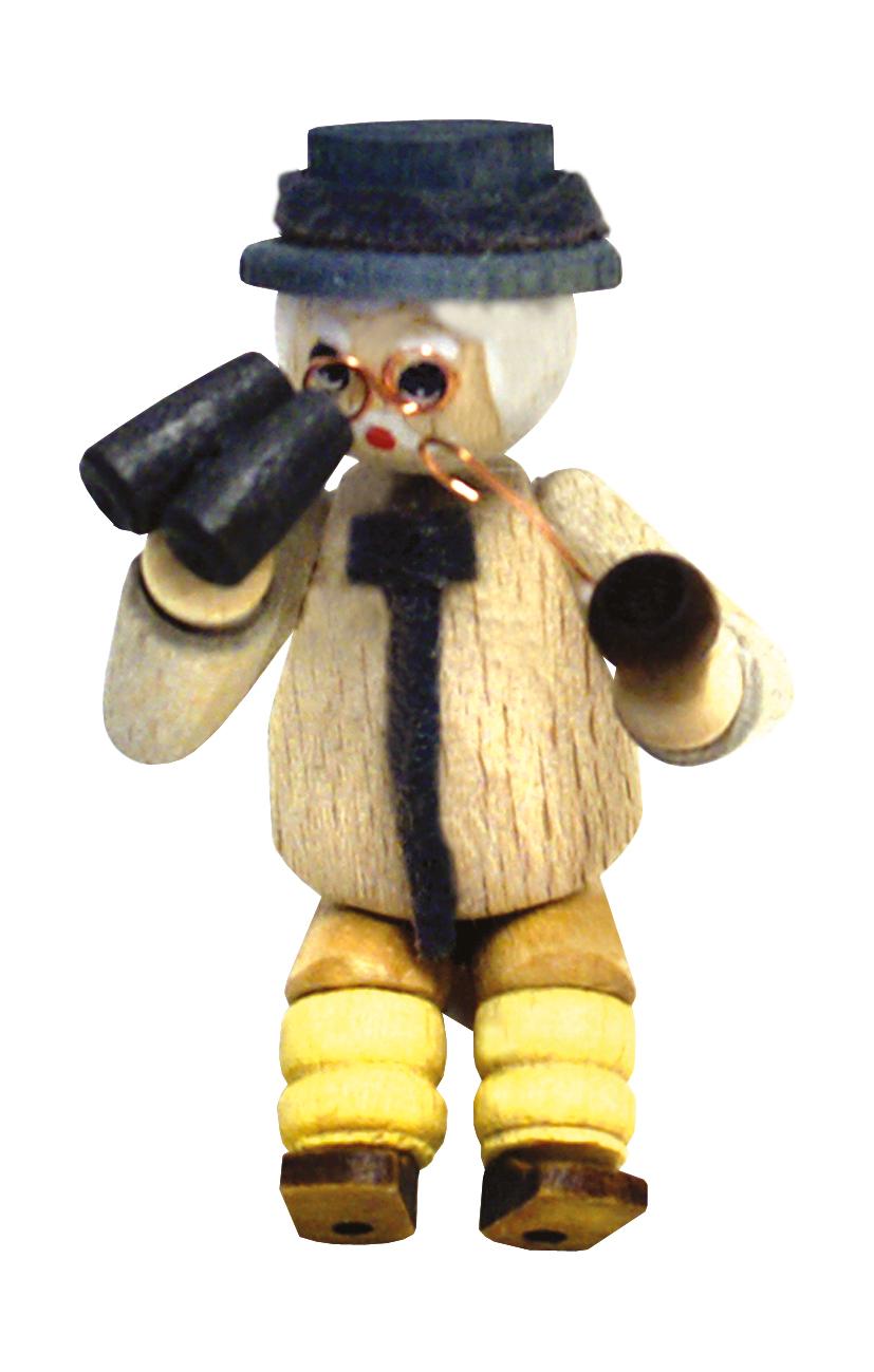 Figur, Opa mit Fernglas sitzend ohne Stuhl, schauend mit Hut Figur, Opa mit Fernglas sitzend ohne Stuhl, schauend mit Hut