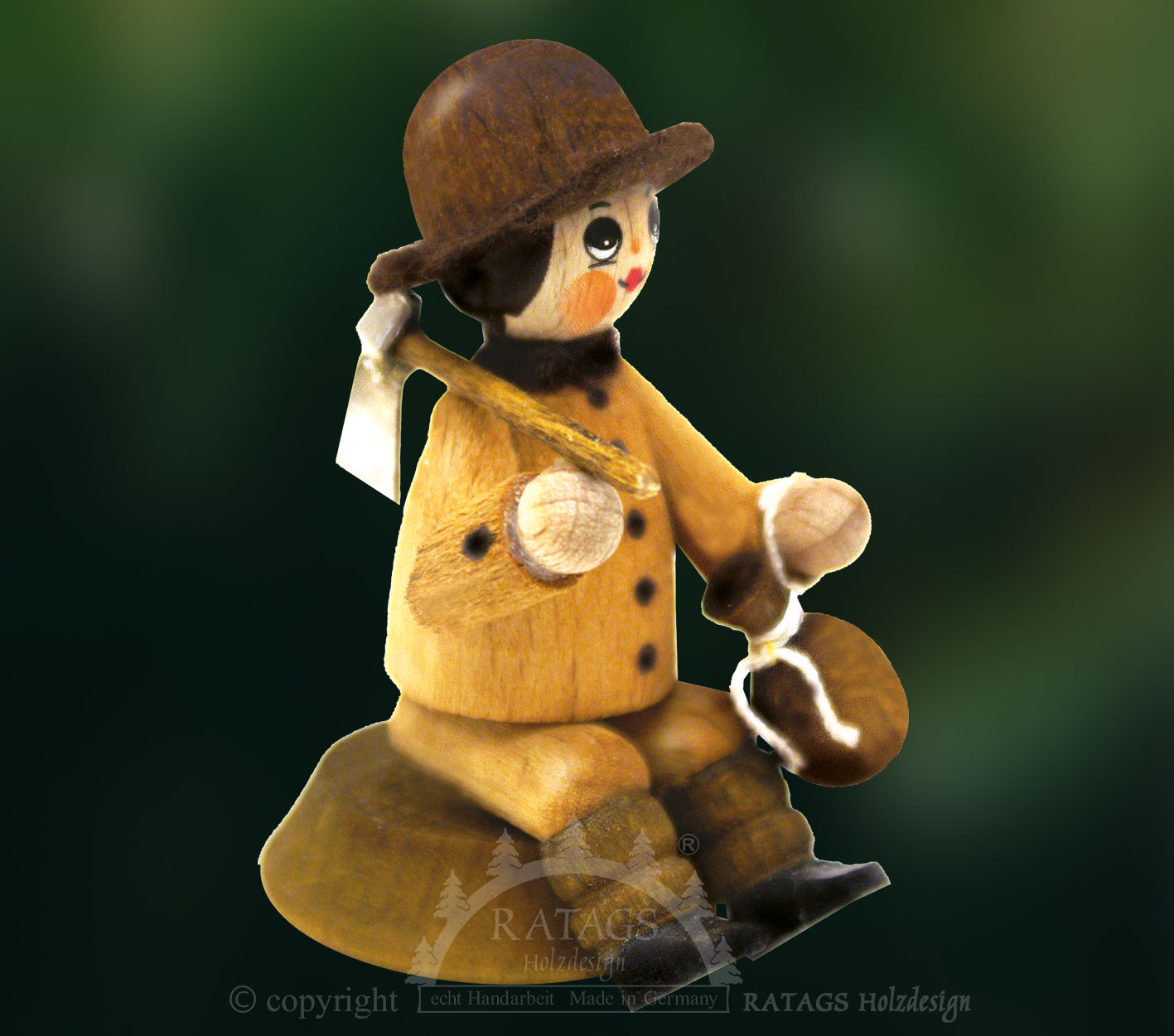 Figure, forest worker sitting on tree stump