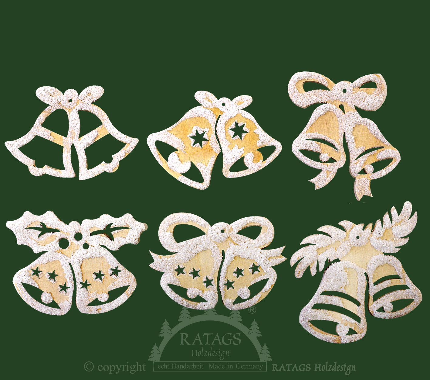 Tree decorations, set of 6, bells, hoarfrost