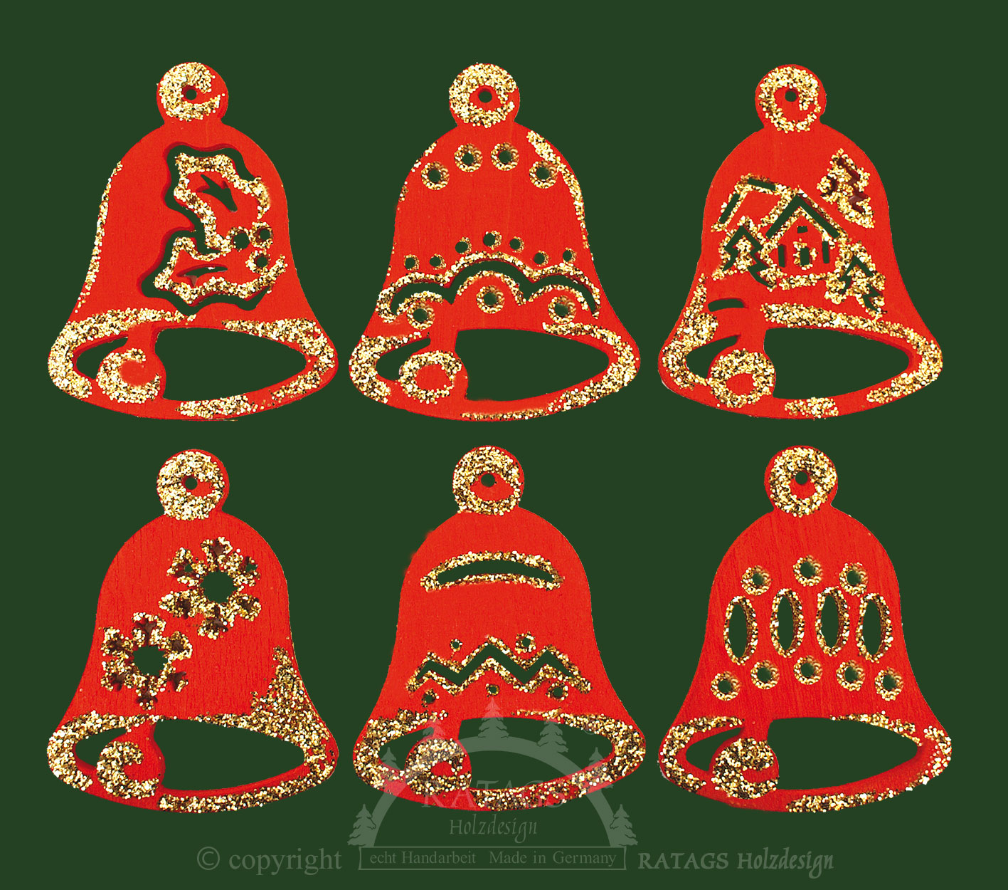Baumbehang, 6er Set, Glocken, rot-gold Baumbehang, 6er Set, Glocken, rot-gold