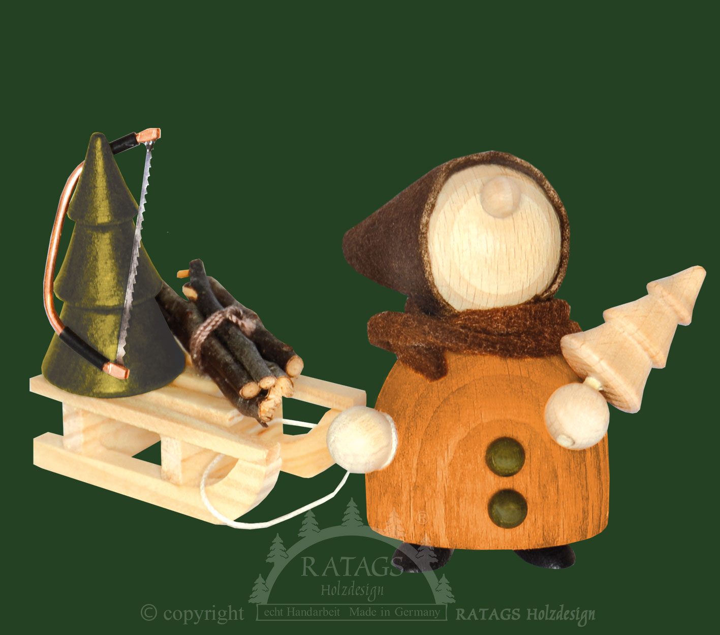 Molli forest woman with sledge, trees, saw