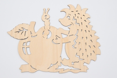Window picture, hedgehog with apple and worms