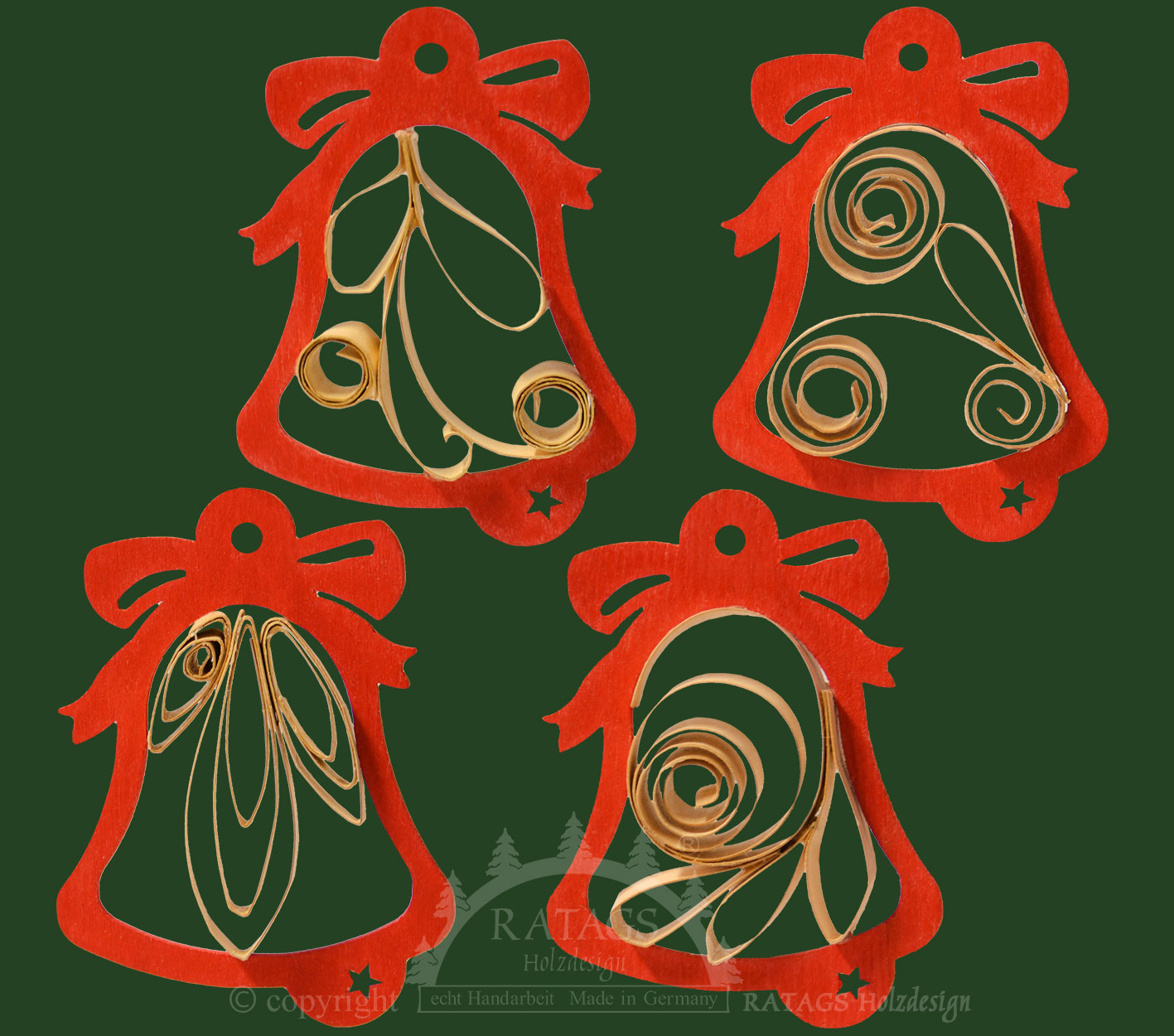 Tree decorations for crafting, red wooden bells, set of 4, height approx. 7.5 cm