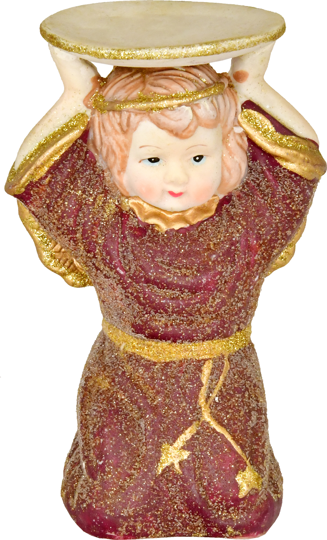 Ceramic angel, kneeling with bowl, wine red/gold, glitter