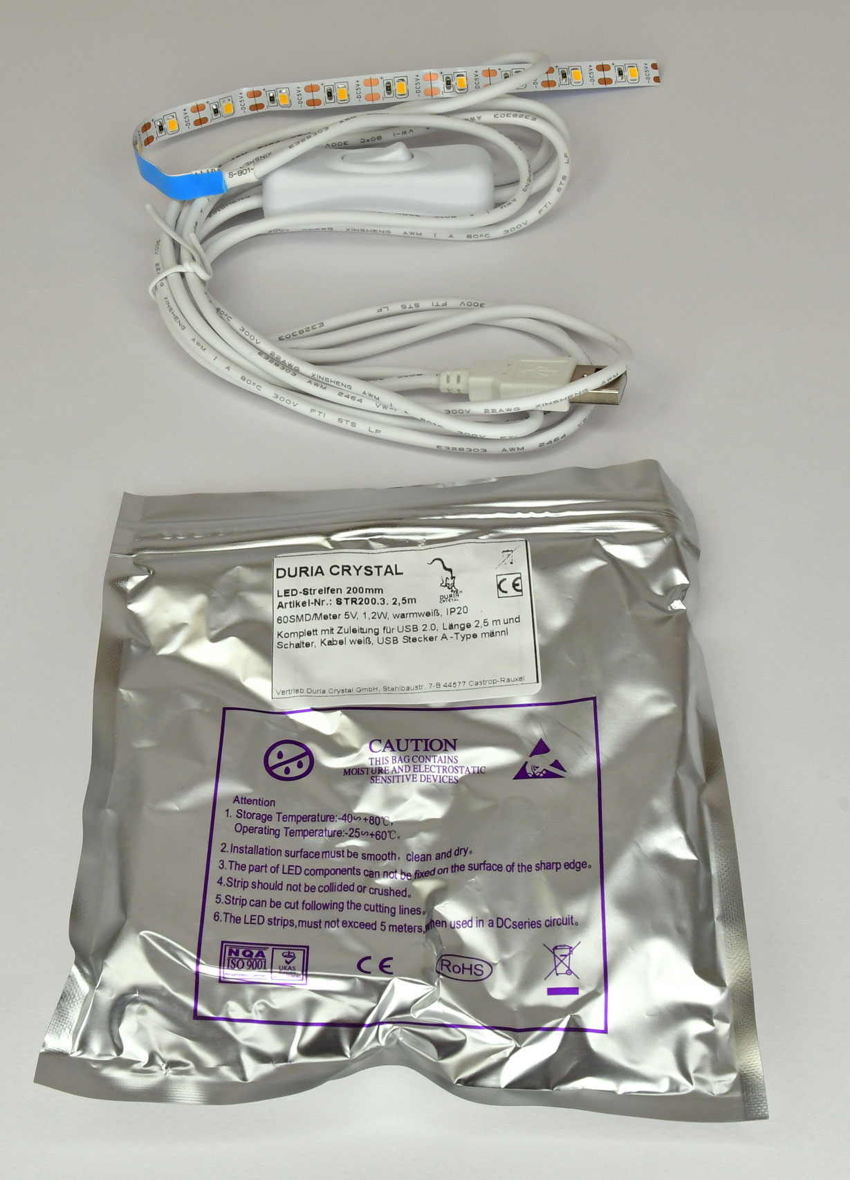 USB LED-Stripe, Länge 20cm, Halb-USB, Kabel 2,50 Meter, IP20, USB-Stecker mnl.