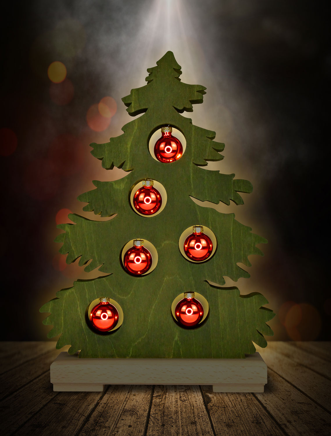 Small fir tree, green stained, red baubles, full USB