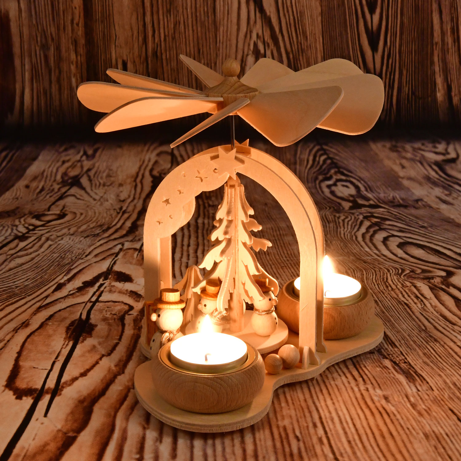 Mini-pyramide, 3 bonhommes de neige, naturel, bougie chauffe-plat