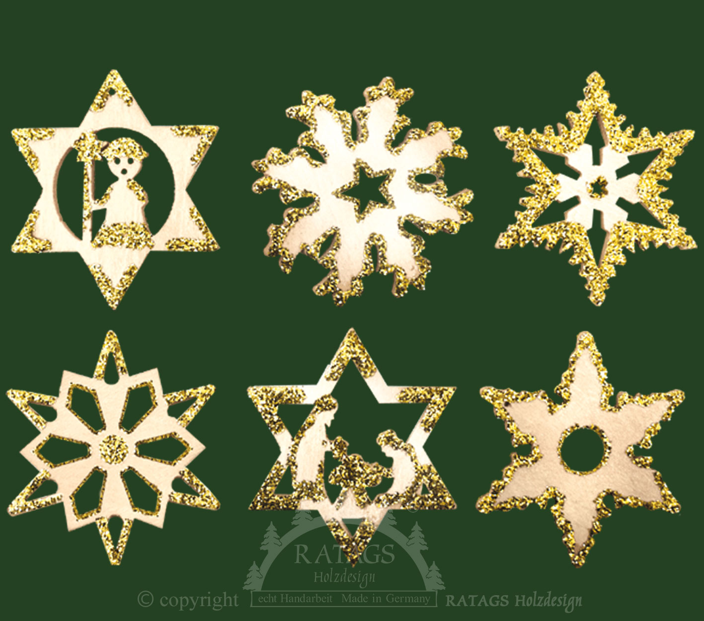 Baumbehang, 6er Set, Sterne, natur-gold