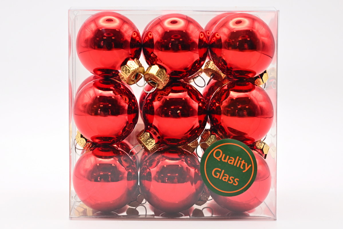 Glass baubles, red shiny, 18 pieces, 30 mm
